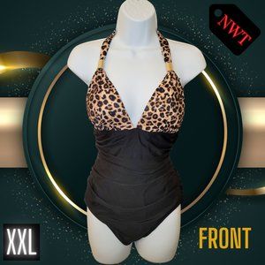 Black Leopard Print One Piece Swimsuit with Tie Neck and Gold Accents XXL NWT
